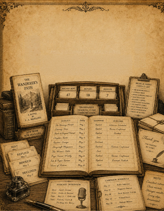 A vintage engraving of a press room ledger logging outlets, dates, replies and outcomes beside a media contact list and campaign schedule